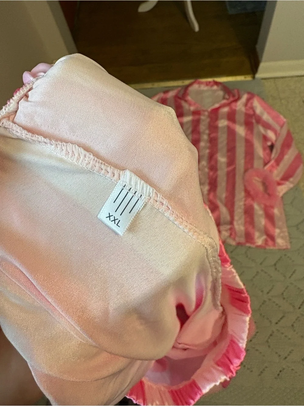 Pink Satin Stripe Pajama Set with Feathered Cuffs - Picture 5 of 6